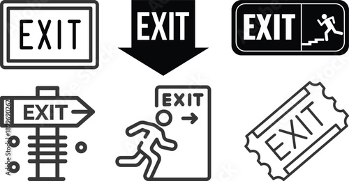 Exit icon set collection group with emergency direction signs, arrow symbols, running man pictogram, safety evacuation signage design isolated on white background vector.