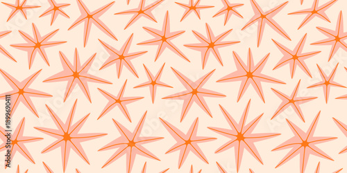Retro hand drawn star fish seamless pattern. Summer marine animal background design. Vacation travel concept. Pink starfish flat cartoon backdrop illustration.