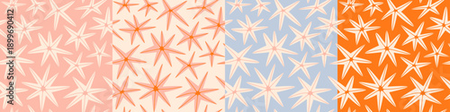 Retro hand drawn star fish seamless pattern set. Summer marine animal background design. Vacation travel concept. Starfish flat cartoon backdrop illustration collection.