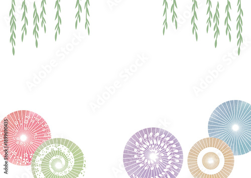Tableau sur toile Japanese watercolor frame with colorful wagasa umbrellas and weeping willow-300d
