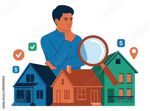 A man searching for the perfect house with a magnifying glass