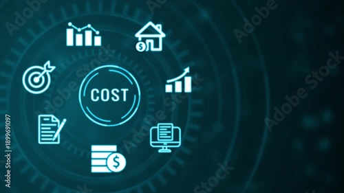 Glowing teal digital infographic with key performance indicator KPI for business analytics and financial growth strategy set against a dark technological background and circular interface