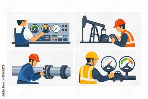 Oil planning and logistics set flat illustrations of energy operations