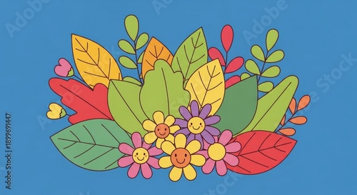 Cheerful Floral Arrangement with Smiling Flowers and Colorful Leaves on Blue.