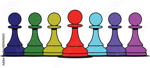A colorful row of chess pawns in different vibrant hues and colors