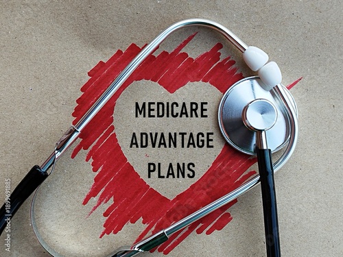 Fotografija Red heart shape shadow and medicare advantage plans writing and stethoscope, hea