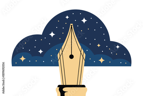 A stylized illustration of a fountain pen nib under a starry night sky