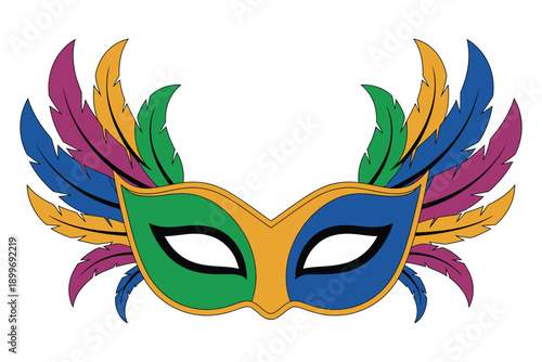 A colorful Mardi Gras mask with feathers on a white background