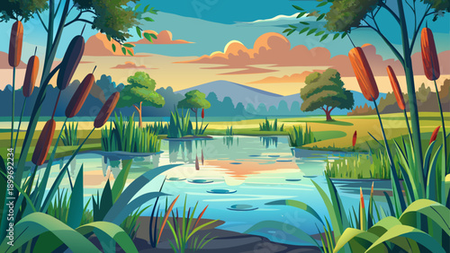 Very beautiful panoramic view of reeds and cattails surrounding a peaceful pond, capturing lush greenery, gentle water movement, and harmonious coexistence of plants and wildlife.