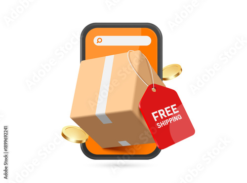 parcel box or cardboard box has red Free shipping promotion sign or tag hanging next to it, all place on front smartphone for designing advertising banner for online shopping, delivery, e-commerce