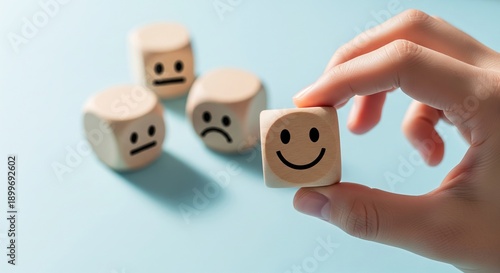 Hand choosing happy wooden block with smiley face over neutral and sad faces