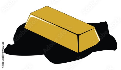 A gold bar sitting on a pile of black liquid metal spill
