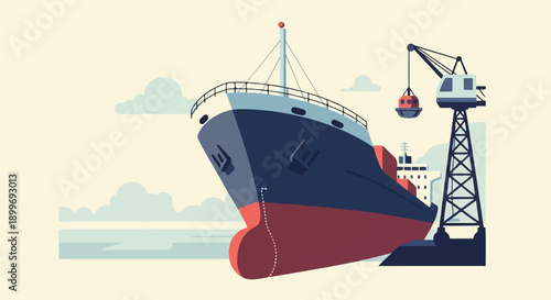 A large cargo ship is docked next to a loading crane in a harbor