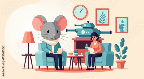 A large cartoon mouse and a person sit in armchairs near a toy tank