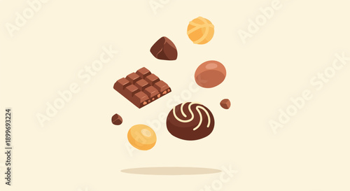Assorted chocolates and chocolate bar pieces floating on a cream background