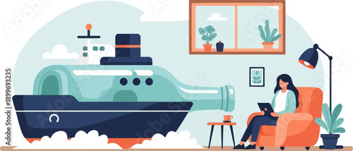 Artistic illustration of a bottle-shaped ship near a woman relaxing indoors