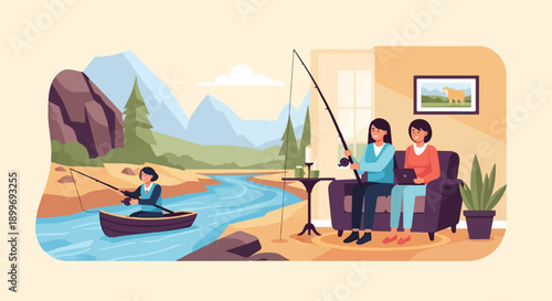 Artistic rendering of people fishing in a river and relaxing indoors