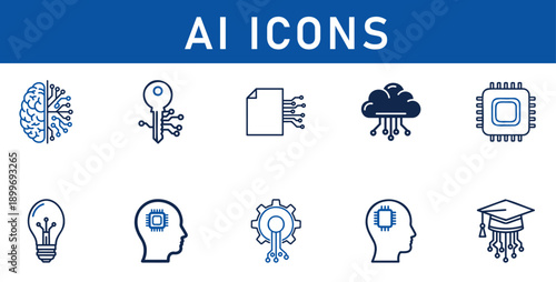 Artificial intelligence vector icon set: brain, key, document, cloud, microchip, lightbulb, head, gear, graduation cap