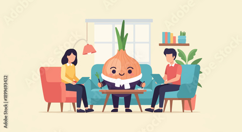 Anthropomorphic onion in suit, in therapy with two people