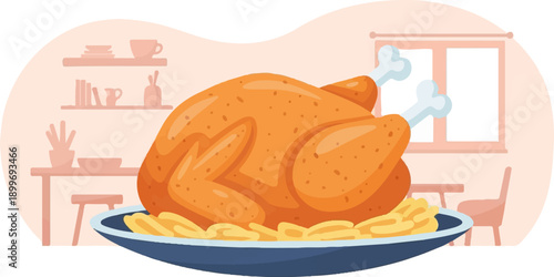 A golden roasted fowl rests on a bed of pasta in a dining room