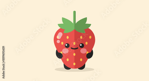 A cute cartoon strawberry with a smiling face and rosy cheeks