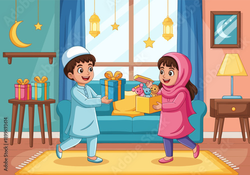 Children Exchanging Gifts at Home on Eid