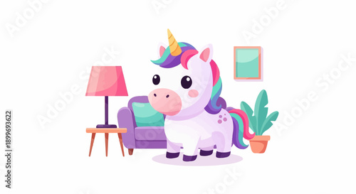 A cute cartoon unicorn with a colorful mane sits in a living room setting