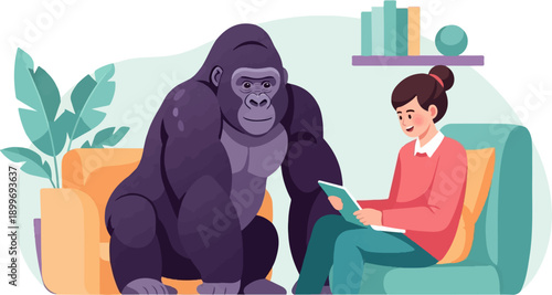 A gorilla and a person reading books in a cozy living room setting