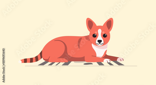 A cute, cartoonish orange dog with white markings and a striped tail lies down