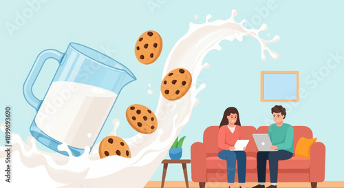 A couple on a couch enjoys cookies and milk, with a splash of milk and cookies