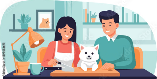 A couple prepares food with their dog sitting nearby indoors