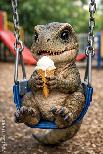 baby T-rex sitting on a swing holding an ice cream cone