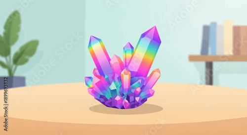A cluster of colorful crystals sits on a table next to a plant