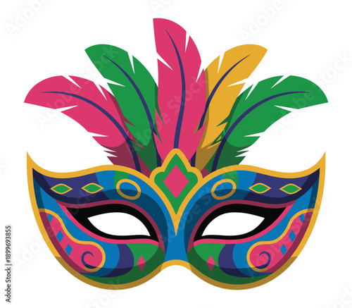 A colorful masquerade mask with feathers on a white background