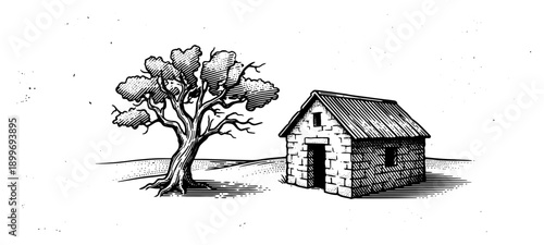 Rural stone house and old tree woodcut style illustration