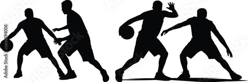 Basketball dribbling players silhouette set, sports action collection, athlete competition training concept, team game movement, professional basketball illustration