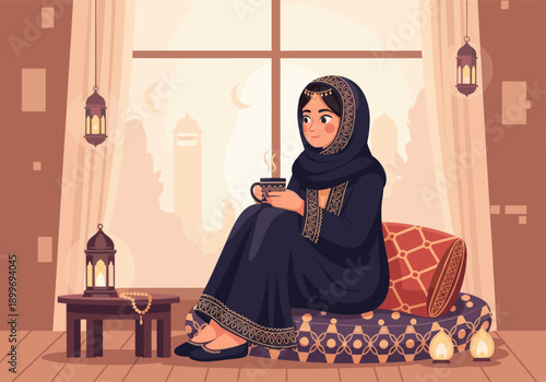 Muslim Woman Sitting Calmly During Eid Night