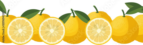 A bright border illustration of whole and sliced yellow citrus fruits with green leaves