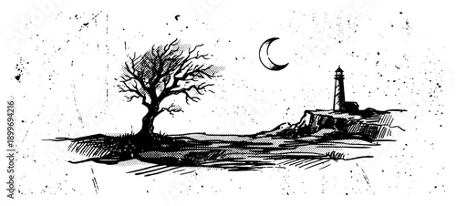 Night scenery with lighthouse and dry tree under crescent moon