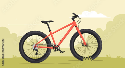 A bright orange bicycle with wide tires stands on a grassy hill