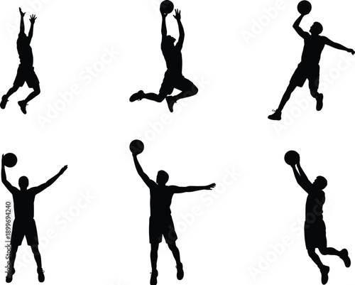 Basketball jump shot dunk silhouettes collection, athlete action poses, sports training competition concept, dynamic basketball movement isolated illustration set