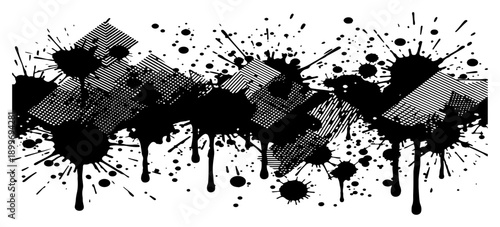 Abstract black ink splatter banner with geometric halftone shapes