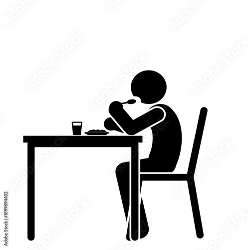 Stick figure eating at dining table.