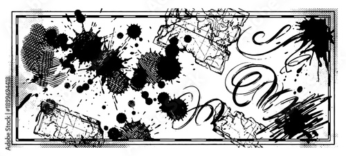 Grunge vintage frame with ink splashes and old map sketch fragments