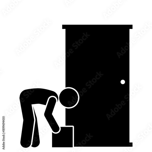 Stick figure picking up package at door.