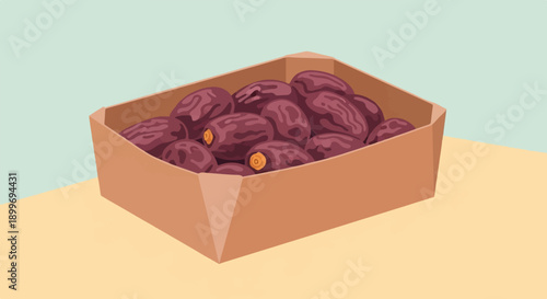 A brown box filled with ripe, dark red dates on a peach surface