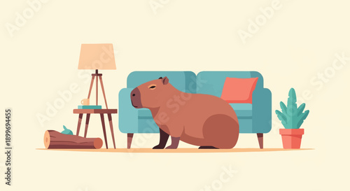 A brown capybara sits calmly next to a teal sofa in a cozy room
