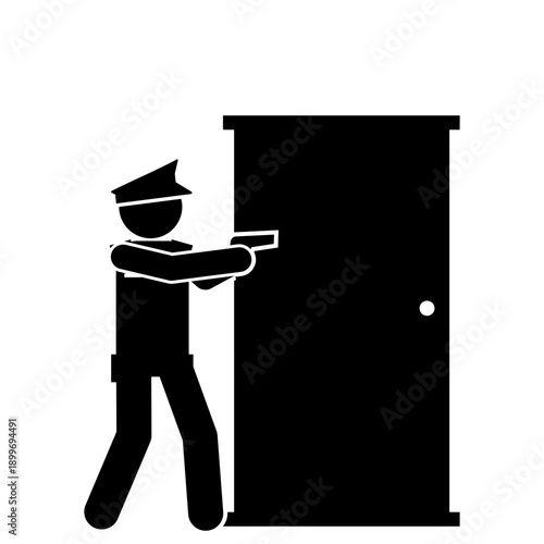 Police stick figure breaking down door.