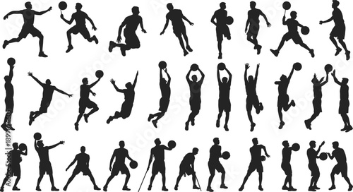 Basketball player silhouette collection showing dribbling shooting passing jumping defensive actions isolated on white background sports fitness training illustration