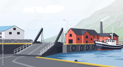 A calm harbor with a ferry ramp, red buildings, and a boat
